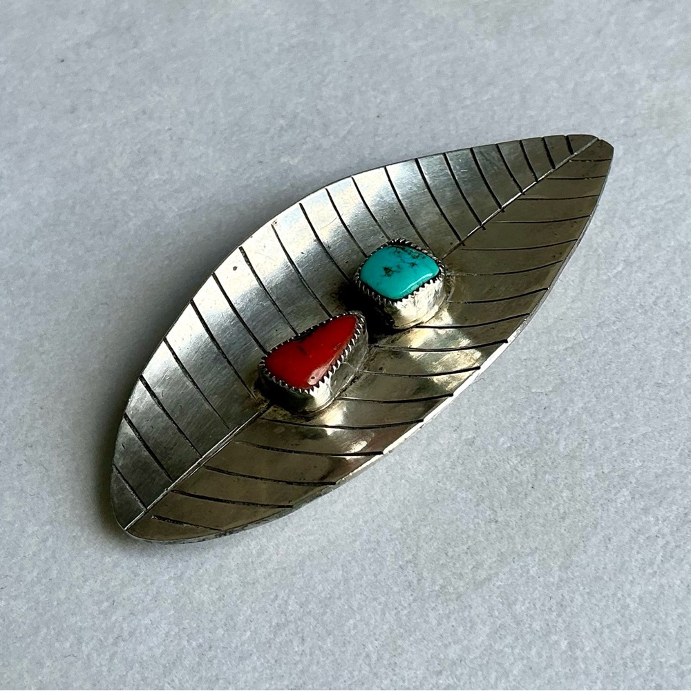 Vintage Native American Navajo Barrette - Sterling Silver with Turquoise & Coral